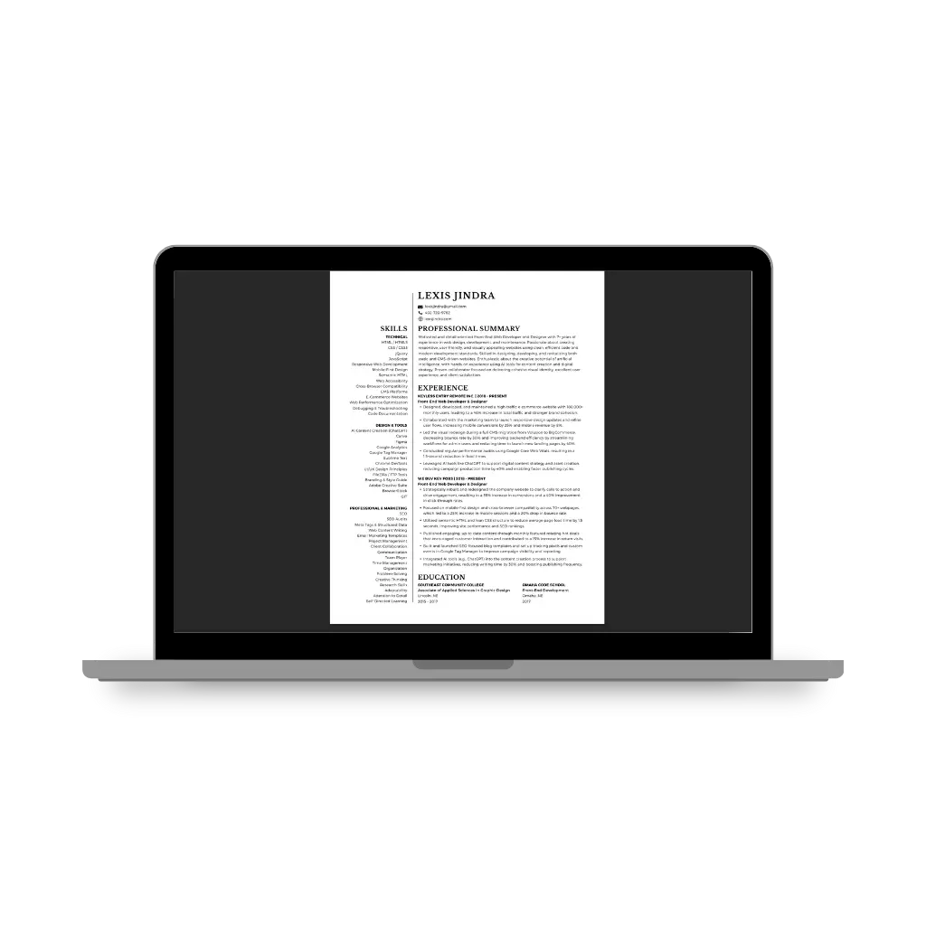 Interactive resume page screenshot